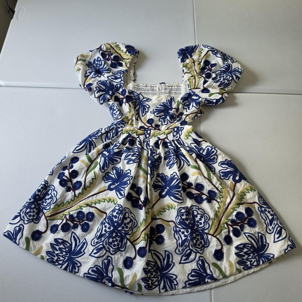 Anthropologie Dress Womens S Blue Floral Embroidered Puff Sleeve Short Sundress